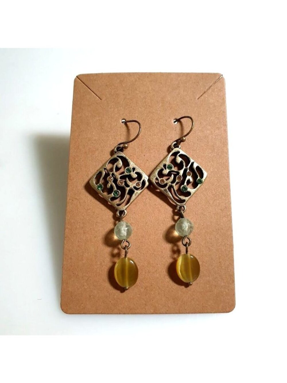 Vintage Brass Tone Dangle Earrings Green Crystal Filigree Yellow Beads Boho Chic